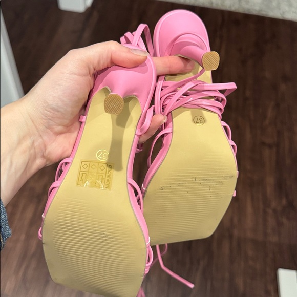 Powder Baby Pink Square Toe Wrap String Heels - Picture 5 of 6